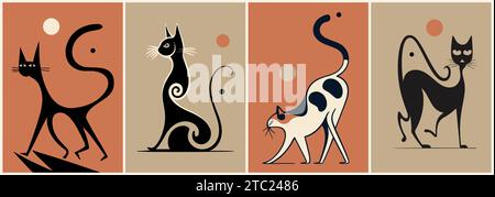 Set of retro Cat posters in Mid Century style. Stock Vector