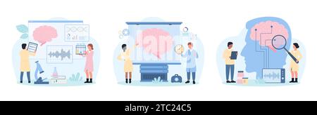 Medical brain research set vector illustration. Cartoon tiny people test human brain with electroencephalography, neurologists study nerve and nervous system with magnifying glass and EEG equipment Stock Vector