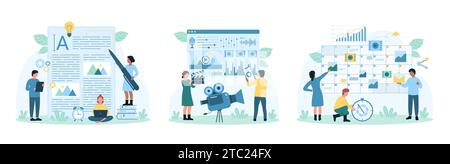 Text and video content creation set vector illustration. Cartoon tiny people write article text for blog on paper, plan schedule of publication in calendar, edit film in editor mobile app in phone Stock Vector