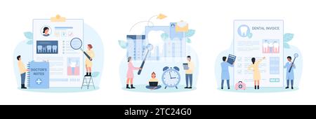Dental care, digital services set vector illustration. Cartoon tiny dentists check teeth on medical examination, people use online reminder with calendar, bill to pay checkup cost, ID card of patient Stock Vector