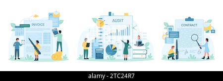 Accounting and audit set vector illustration. Cartoon tiny people with magnifier check invoice, contract and budget planning, accountants calculate revenue and taxation, finance document management Stock Vector