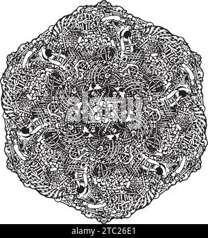 Ornamental hexagonal composition with prehistoric bones, mythological creatures, and intricate alien parts Stock Vector