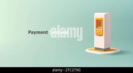 3D white with orange render cartoon ATM machine, realistic screen and buttons standing on pedestal, isolaed Stock Vector