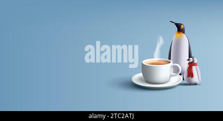 3d penguin in scarf with big cup of hot drink, healing from cold, render cartoon style composition, isolated Stock Vector