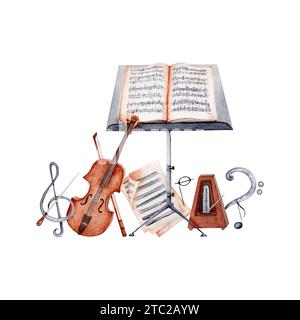 Violin, Music Stand, Sheet Music, Baton, Metronome, Treble and Bass Clef and Music Notes Classical music composition. Isolated watercolor illustration Stock Photo