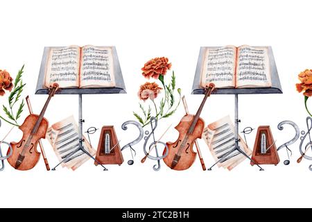 Classical Music seamless banner . Violin, Music Stand, Sheet Music, Metronome, Baton decorated with marigold flowers. Isolated watercolor Illustration Stock Photo