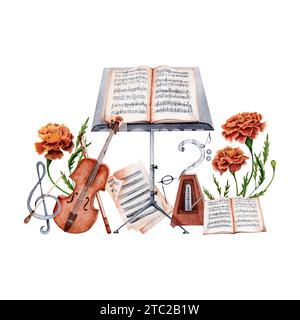 Violin, Music Stand, Sheet Music, Baton, Metronome, Treble and Bass Clef decorated with marigold flowers composition. Watercolor illustration Stock Photo