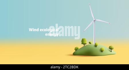 Wind mill, wind turbine, wind power station in hills with trees landscape. Renewable wind energy, green and alternative eco energy concept. 3d vector Stock Vector