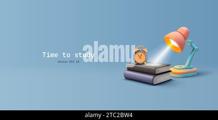 3d render vector illustration of desk lamp with pile of books and alarm clock, time to study banner illustration, cartoon style Stock Vector