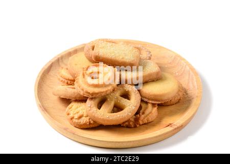 Set of danish butter cookies macro cutout. Five whole pretzel, round and rectangular shortbread biscuits with sugar on white background. Danish pastry Stock Photo