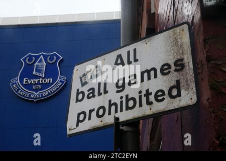 Goodison Park, Liverpool, UK. 10th Dec, 2023. Premier League Football, Everton versus Chelsea; a No Ball Games sign outside the stadium Credit: Action Plus Sports/Alamy Live News Stock Photo
