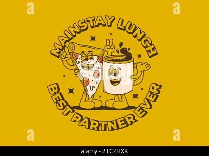 Mainstay lunch, best partner ever. Mascot character illustration of a coffee mug and a slice pizza Stock Vector