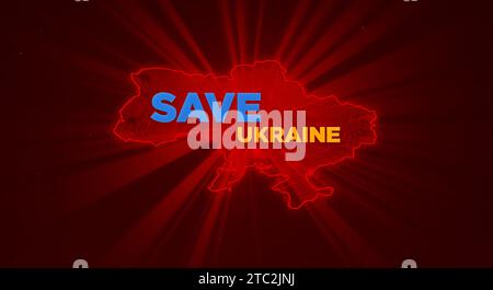 Map of Ukraine with a red outline and rays of light on a dark background. Save Ukraine. Stop the war, save Ukraine typography. Stock Photo