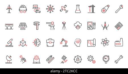 Engineering, industry and energy production trendy red black thin line icons set vector illustration. Engineers work, digital infrastructure and construction equipment, solar panel and turbine. Stock Vector