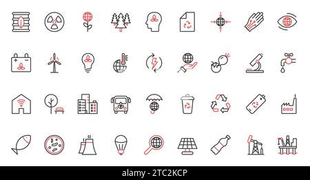 Environment protection and eco startup technology, recycle plant, research with microscope, global warming and urbanization. Red black thin line energy and ecology trendy icons set vector illustration Stock Vector