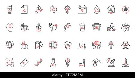 Ecology, green recycle technology, environment trendy red black thin line icons set vector illustration. Eco house, tourism, electric car and bio fuel, climate change, eco consumption, care of nature Stock Vector