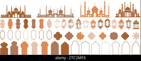 Ramadan Muslim vector shapes set. Islamic mosque window frames and lanterns silhouettes. Traditional arch template design for decoration. Oriental Stock Vector