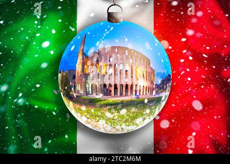 Rome Colosseum on Italy flag snow view through glass Christmas ball, xmas season illustration, Rome, Italy Stock Photo