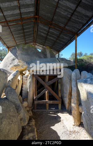 Great Dolmen of Zambujeiro (Portuguese: Anta Grande do Zambujeiro) is a megalithic monument located in Nossa Senhora da Tourega, near Valverde, in the Stock Photo