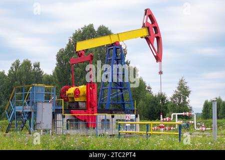 a lone oil pumpjack stands among the trees in an oil field Stock Photo