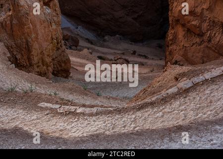 Layers of Worn Switchbacks Wind Down on the Navajo Trail in Bryce Canyon Stock Photo