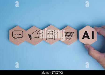 wood Artificial intelligence AI and CRM software automation technology.AI smart technology sales reports recording the sale of goods and making tax in Stock Photo