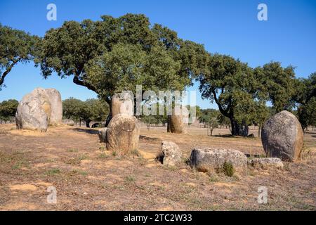 Cromeleque de Vale Maria do Meio The Vale Maria do Meio Cromlech is a megalithic stone circle situated in Évora district in the Alentejo region of Por Stock Photo