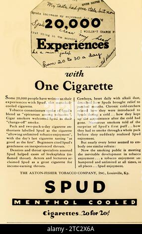 tobacco spud 1928 SPUD menthol cooled cigarettes ad. Axton-Fisher Tobacco Company was a  Louisville, Kentucky-based manufacturer of cigarettes Stock Photo