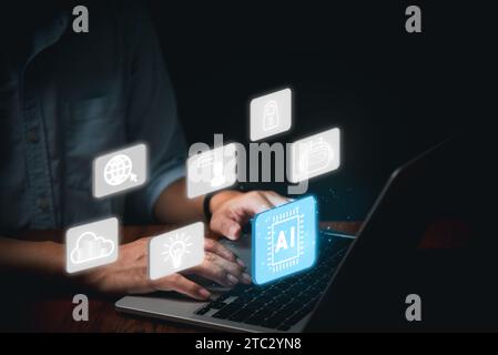 businessman using technology AI artificial intelligence use analytics, automation for working. Chat bot with AI analytics big data management, compute Stock Photo