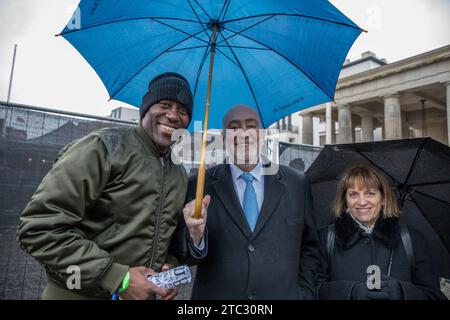 Berlin, Germany. 10th Dec, 2023. At the solidarity protest in Berlin, a significant moment was captured between Joseph Chialo and Ron Prosor, highlighting the fusion of cultural, diplomatic, and political spheres in addressing critical social issues. Joseph Chialo, a German singer, music manager, and politician of Tanzanian descent, has been making substantial contributions as State Minister for Culture and Social Cohesion in the government of Governing Mayor Kai Wegner since 2023. His diverse arts and politics background uniquely positions him to understand and address the complexities of Stock Photo