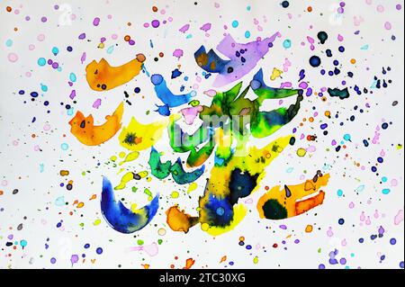 Many small and larger stains in fresh colors on white background. Watercolor painting, Stock Photo