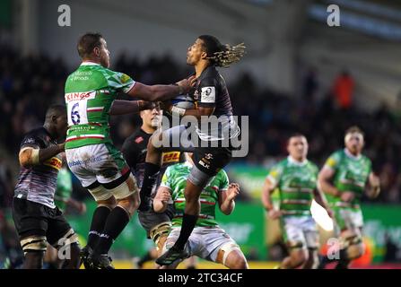 Leicester Tigers' Hanro Liebenberg and Stormers' Clayton Blommetjies in action during the Investec Champions Cup match at the Mattioli Woods Welford Road Stadium, Leicester. Picture date: Sunday December 10, 2023. Stock Photo