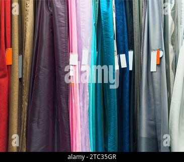 curtains and tulle on sale, closeup Stock Photo