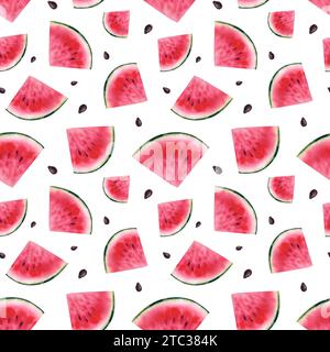 Watermelon. Seamless pattern. Watercolor illustration. Juicy fruits. Baby food. Clipart, printing on fabric Stock Photo