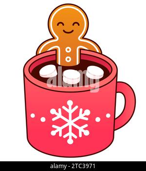 Gingerbread man cookie relaxing in hot chocolate cup with marshmallows. Modern cute cartoon vector illustration. Merry Christmas greeting card. Stock Vector