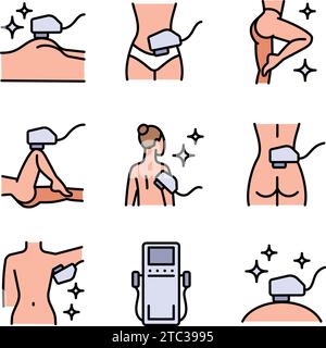 Laser hair removal line icons set. Color epilation symbols. Apparatus, equipment. Vector illustration isolated on white. Stock Vector