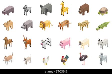 Animals isometric flat style vector isolated illustrations Stock Vector
