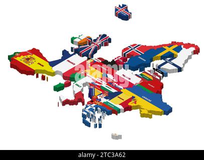 Europe map mixed with national flags and countries names. Vector isometric illustration Stock Vector