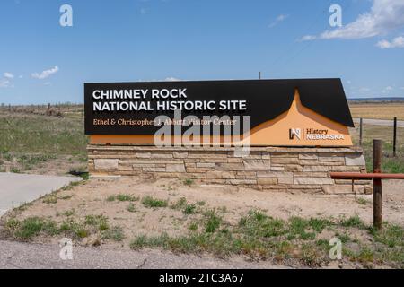 The entrance sign for Chimney Rock National Historic Site Ethel and Christopher J. Abbott Visitor Center in Morrill County in western Nebraska, USA Stock Photo