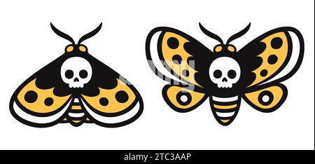 Death's head hawkmoth, moth with skull shape. Cartoon drawing of night butterfly with open and closed wings. Isolated vector clip art illustration, ta Stock Vector