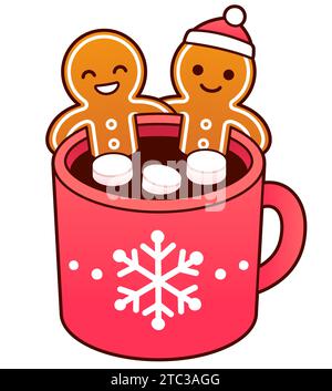 Two gingerbread man cookies in hot chocolate cup with marshmallows. Funny Christmas greeting card. Cute cartoon vector illustration. Stock Vector