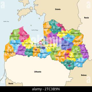 Latvia state high detailed vector map  (showing administrative divisions: cities, municipalities, parishes and towns) with neighbouring countries and Stock Vector