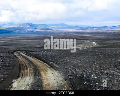 Winding Black Dirt Road Through Landmannalaugar Valley Stock Photo