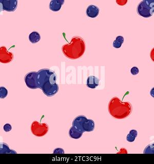 Juicy pattern with blue blueberries and red cherries in different sizes on a pink background. Seamless. Summer. Vector Stock Vector