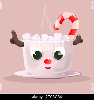 Pink mug with Christmas reindeer and hot tea with marshmallow. Funny face and candy cane. Vector illustration Stock Vector