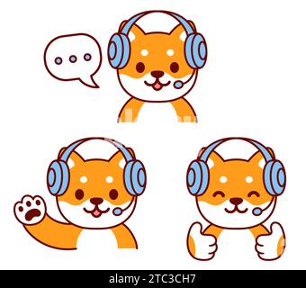 Cute cartoon dog character in headset vector illustration set. Customer support help desk or live stream chat. Stock Vector