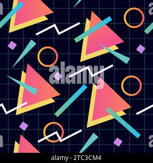 90's seamless pattern with grid and geometric shapes. Rectangles, circles and squares. 80's aesthetic. Retro graphic design for backgrounds, posters. Stock Vector