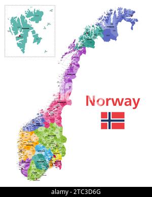 Norway municipalities high detailed vector map colored by administrative regions (counties). All municipalities and capital cities are named. Flag of Stock Vector