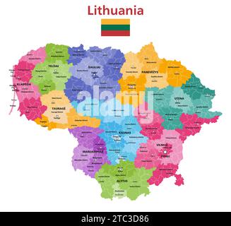 Lithuania political map. Administrative divisions (counties, municipalities and elderships) of Lithuania vector isolated map Stock Vector