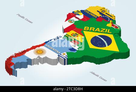 South America vector isometric map combined with national flags Stock Vector